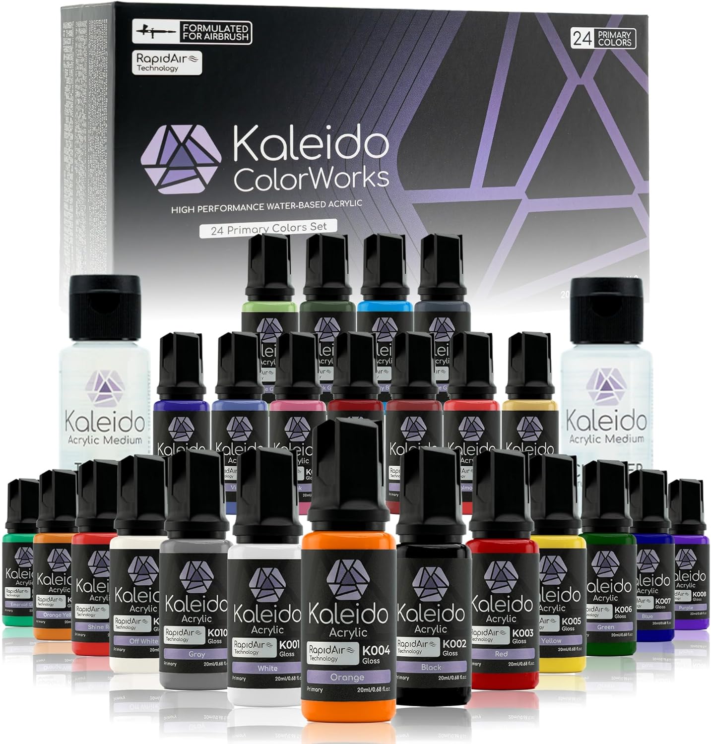 Gaahleri Kaleido Primary 24-Color Set – Water-Based Acrylic Airbrush Paint Kit for Scale Models, Gundam, Mecha, Cars & Miniatures – Pre-Thinned, High Gloss, Fast-Drying, with Thinner & Cleaner