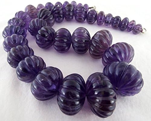 Natural AMETHYST Carved MELON BEADS Necklace 21.50 INCHES 29MM TO 11MM