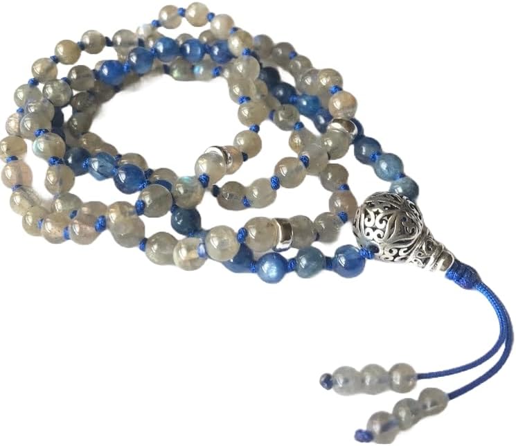 Natural Kyanite ,Labradorite 6mm-10mm 108 Mala Beads, Spiritual, Meditation Beads, Reiki, Japa Mala, Buddhist Prayer Beads, Yoga Bracelet, healing beads LKMALA-RRGU-1032