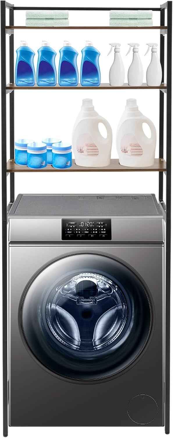 Over Washer and Dryer Storage Shelves, 3-Tier Freestanding Washing Machine Storage Rack with Adjustable Shelf for Laundry Room Bathroom Garage, W27.2*D11.8*H71.3in (Black & Brown)
