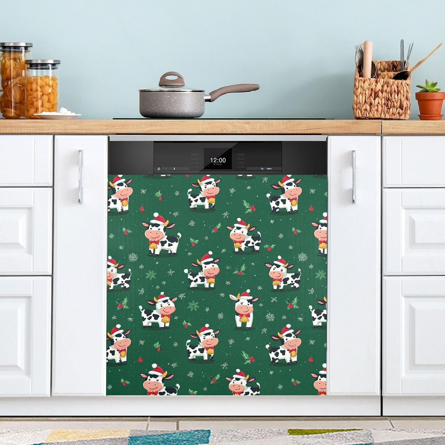 Pfrewn Christmas Winter Magnetic Dishwasher Cover Christmas Cows Bell Berry Fridge Door Covers Kitchen Decal Vinyl Panel Decorative Refrigerator Laundry Appliances 23x26in