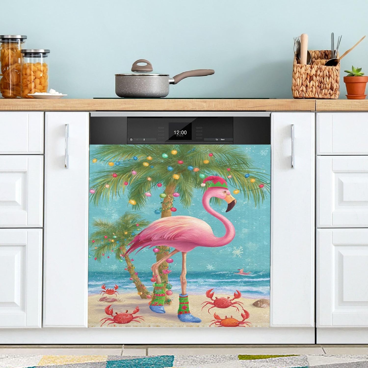 Pfrewn Christmas Winter Magnetic Dishwasher Cover Christmas Tropical Flamingo Palm Tree Crab Fridge Door Covers Kitchen Decal Vinyl Panel Decorative Refrigerator Laundry Appliances 23x26in