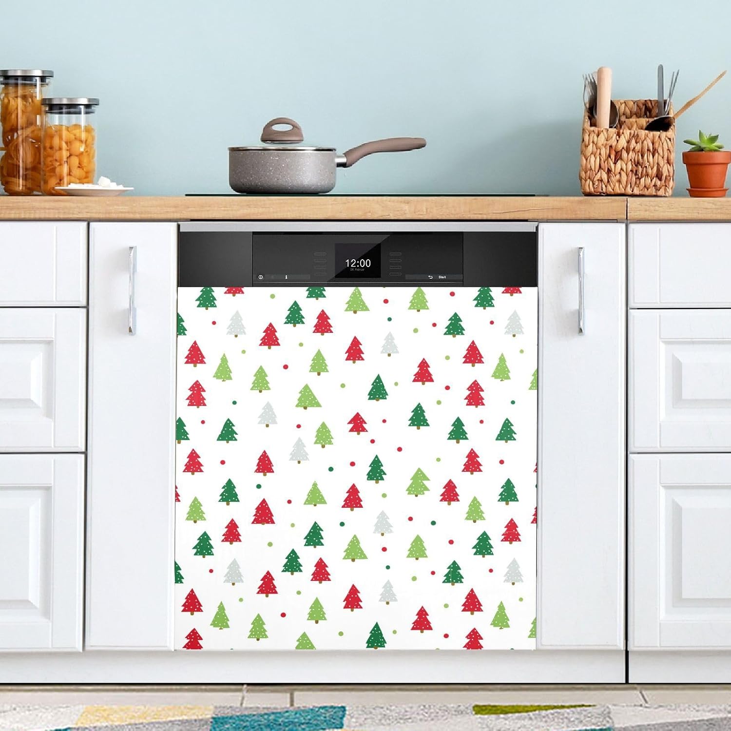 Pfrewn Christmas Winter Magnetic Dishwasher Cover Christmas Tree Red Green Dots (2) Fridge Door Covers Kitchen Decal Vinyl Panel Decorative Refrigerator Laundry Appliances 23x26in