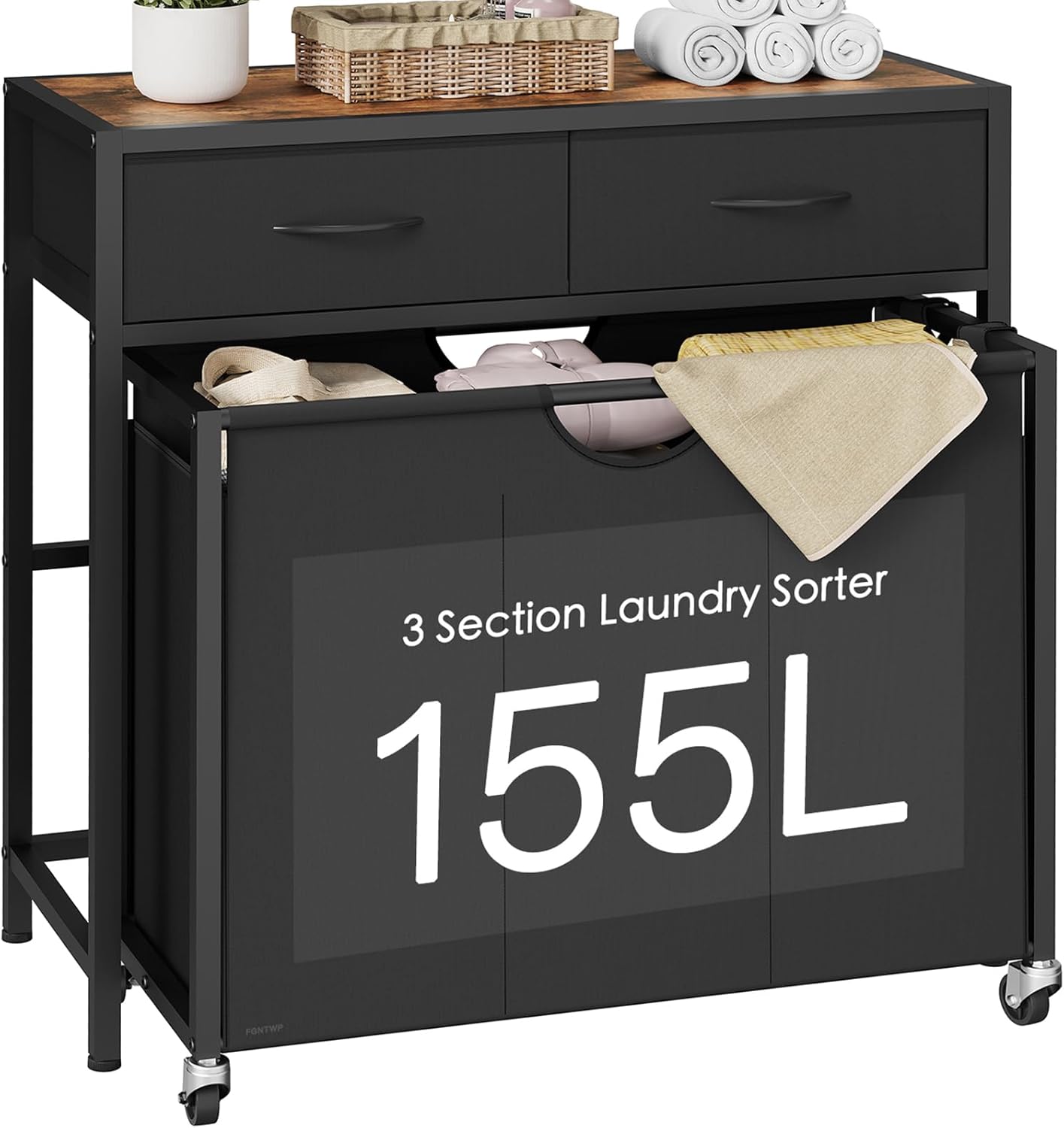 Laundry Sorter 3 Section with Tabletop & 2 Drawers, Rolling Laundry Hamper with Pull-Out and Removable Bags, Laundry Basket Organizer with Wheels and Shelf, Metal Frame Rustic Brown for Laundry Room