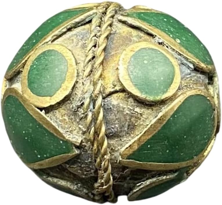 Antique Tibetan Brass Inlay Bead 25x22mm 4.5g | Vintage Green Stone Handmade for Jewelry Making | Ethnic Nepal for Necklace, Bracelet, Earring Craft | Old Tribal Boho Bead (50)