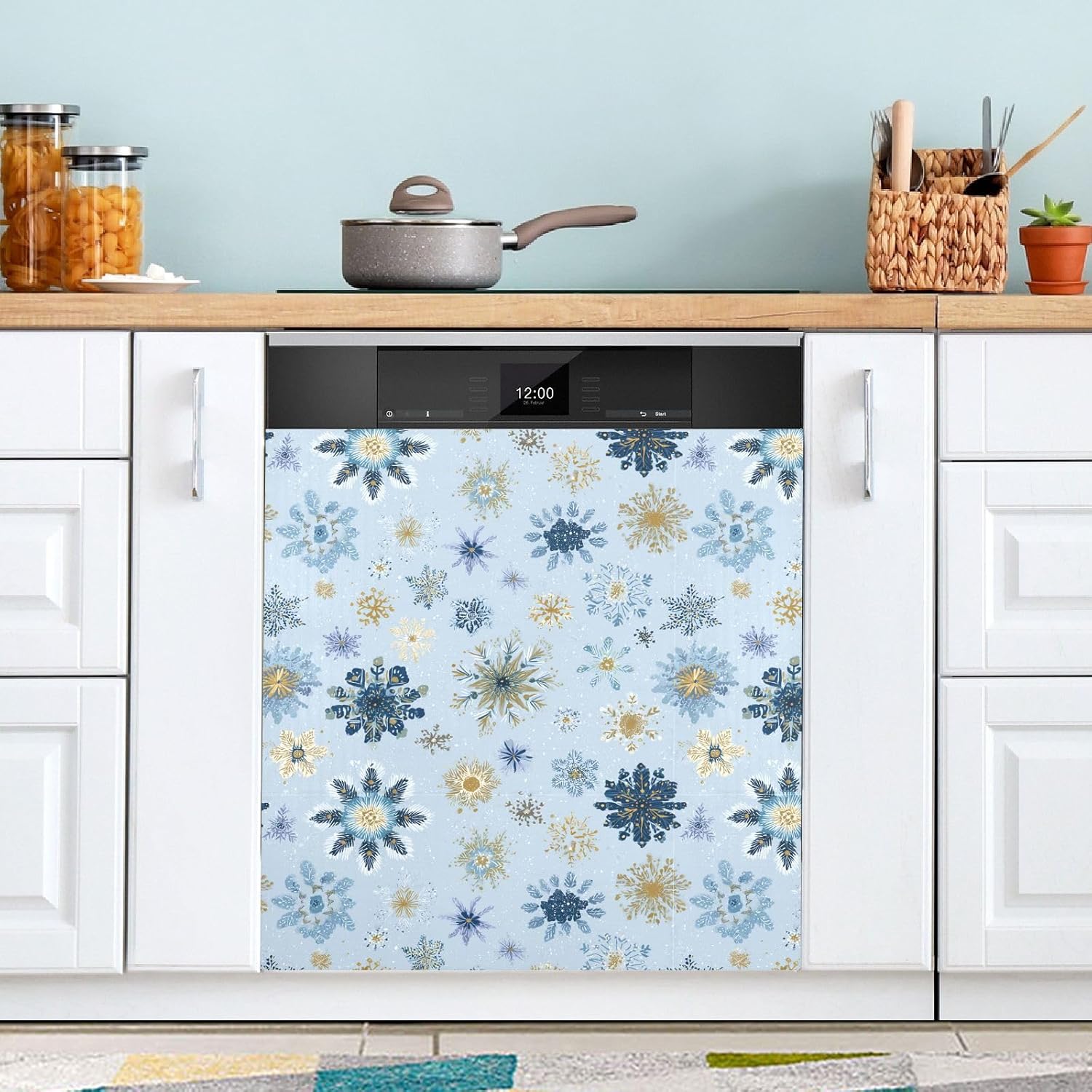 Pfrewn Christmas Winter Magnetic Dishwasher Cover Blue White Snowflakes Christmas Winter Flowers (3) Fridge Door Covers Kitchen Decal Vinyl Panel Decorative Refrigerator Laundry Appliances 23x26in
