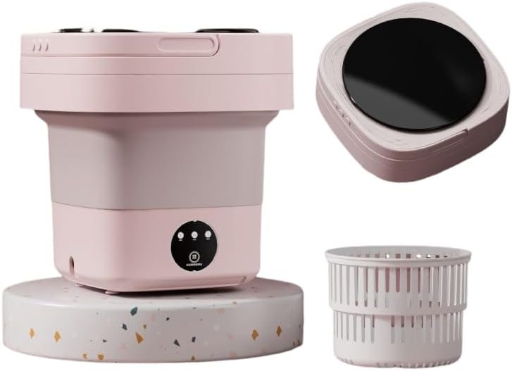 Portable Mini Washer with UV Light, 7L Compact Foldable Electric Washing Machine, Purple Collapsible Design with Spin Dry Basket for Delicates, Dorm, Travel (Rock Pink - with Basket & Hose)