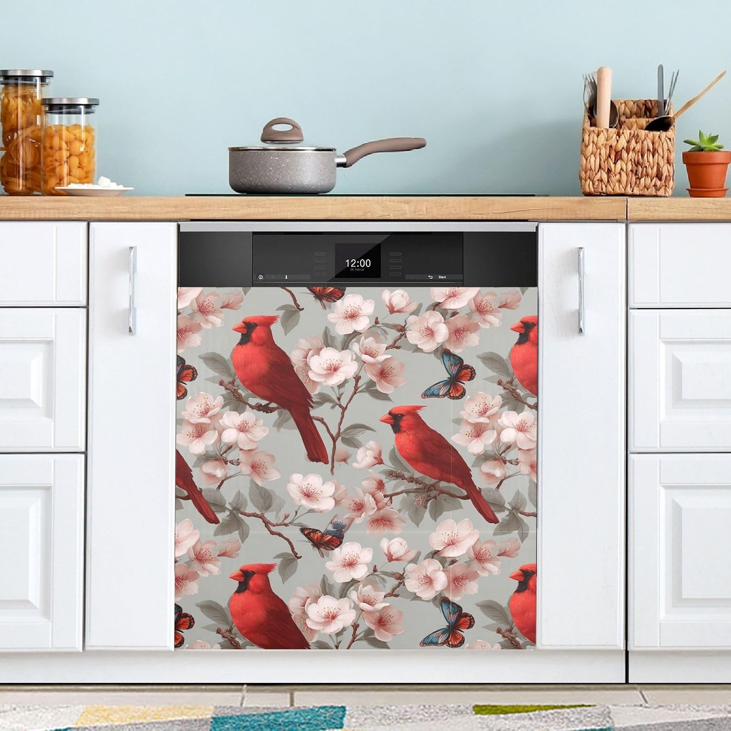 Pfrewn Christmas Winter Magnetic Dishwasher Cover Cardinals Bird Cherry Flower (1) Fridge Door Covers Kitchen Decal Vinyl Panel Decorative Refrigerator Laundry Appliances 23x26in