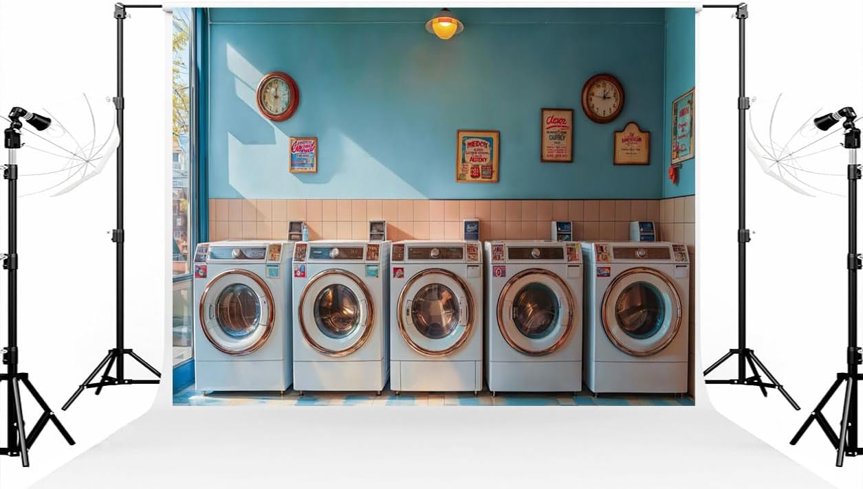 Kate 10×6.5ft (3×2m) Laundry Machine Backdrop Photography Blue Campus Fresh Laundry Day Holiday Theme Party Gathering Background Photography Studio Props Photos Videos