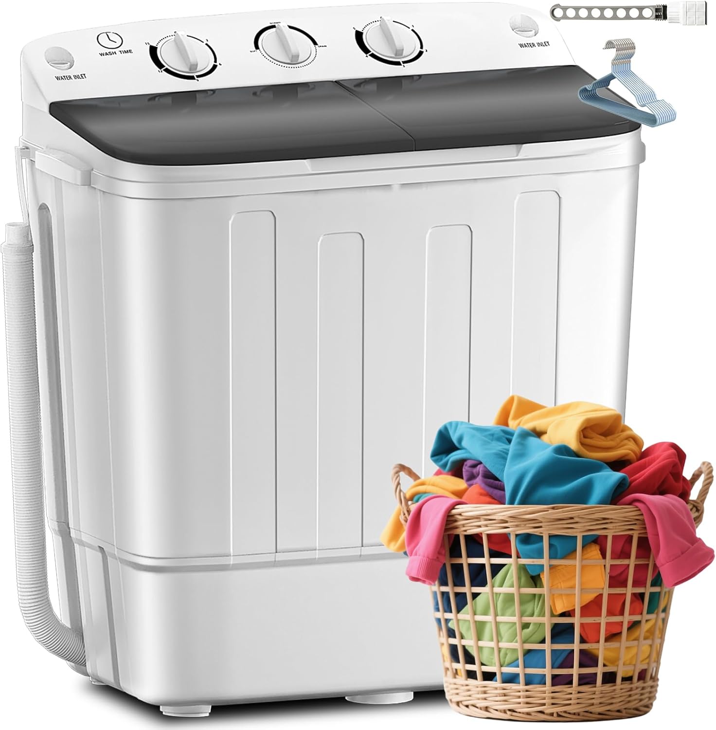 Portable Twin Tub Washing Machine, Buy 1(washer) Get 1(Dry Rack) Free! 11 lbs Washer Mini Compact Laundry Machine and 7 lbs Spinner, Semi-automatic Washer Combo for Dorms, Apartments(black)