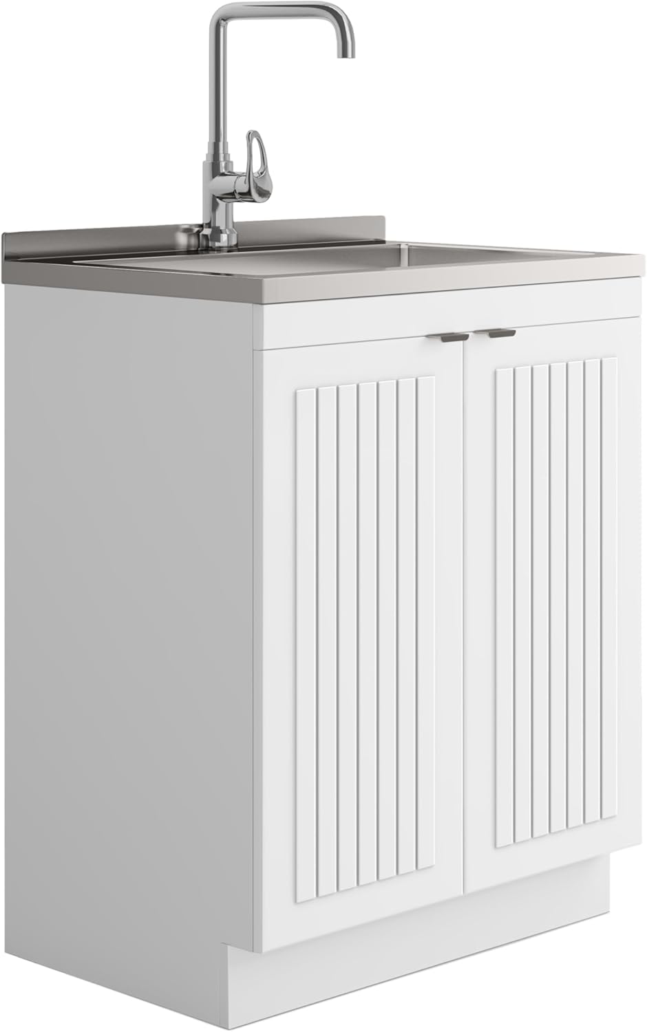 SIMPLIHOME Murphy All-in-One Utility Sink & Cabinet, Pure White, 28-inch Laundry Cabinet, Faucet, 10-inch Deep Stainless Steel Sink, Beadboard Doors, Laundry Room Storage