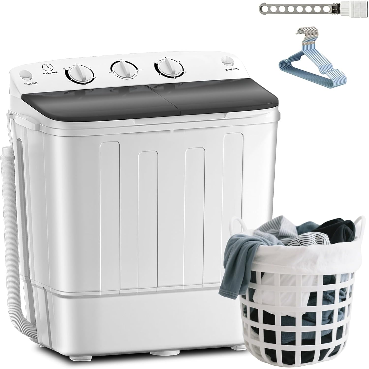 Compact Portable Mini Twin Tub 18lbs Washing Machine, Get Dry Rack and 10 hangers for free! Washer and Spin Cycle Combo, for Camping, Apartments, Dorms, RVs(Black)