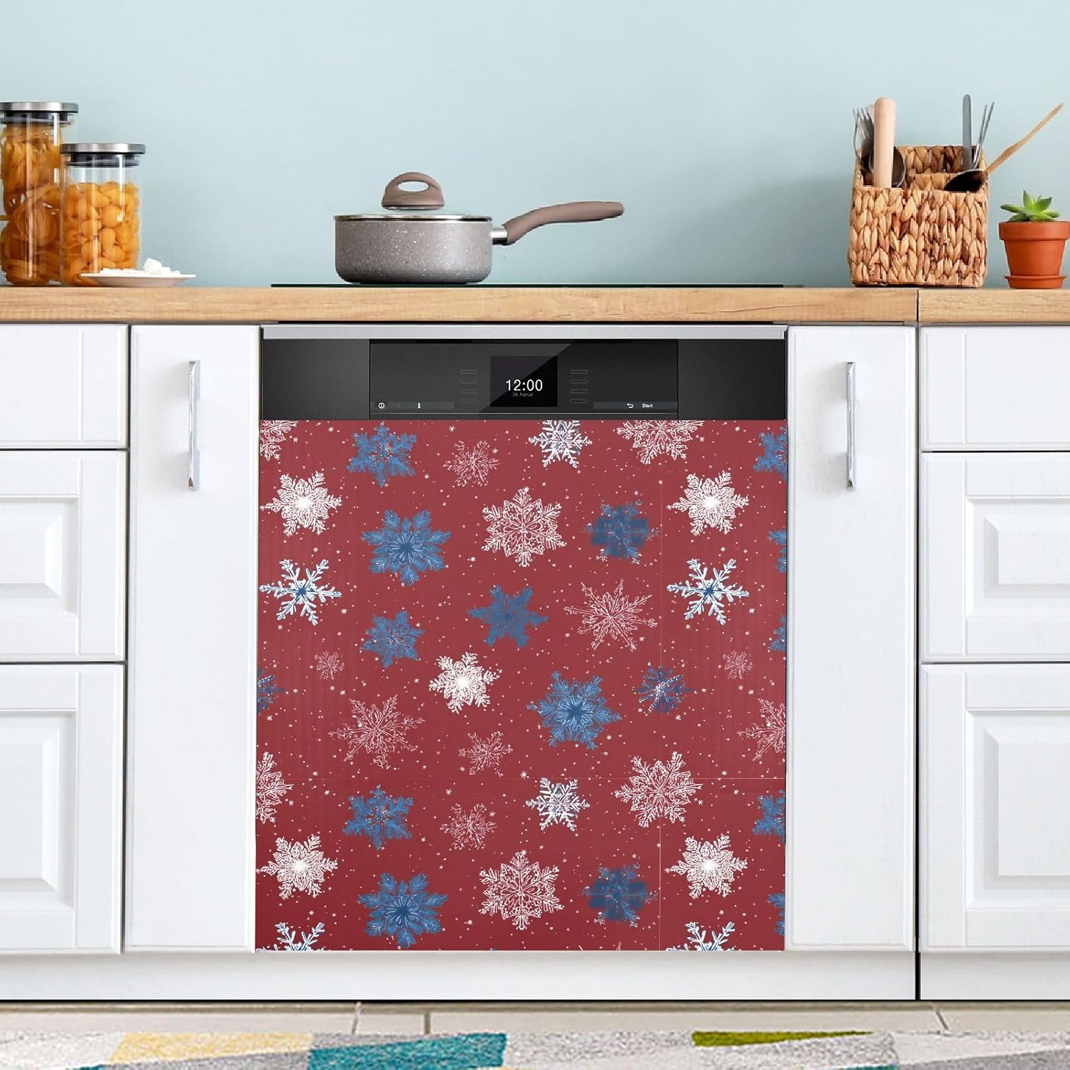 Pfrewn Christmas Winter Magnetic Dishwasher Cover Christmas Blue White Snowflake on Red (1) Fridge Door Covers Kitchen Decal Vinyl Panel Decorative Refrigerator Laundry Appliances 23x26in