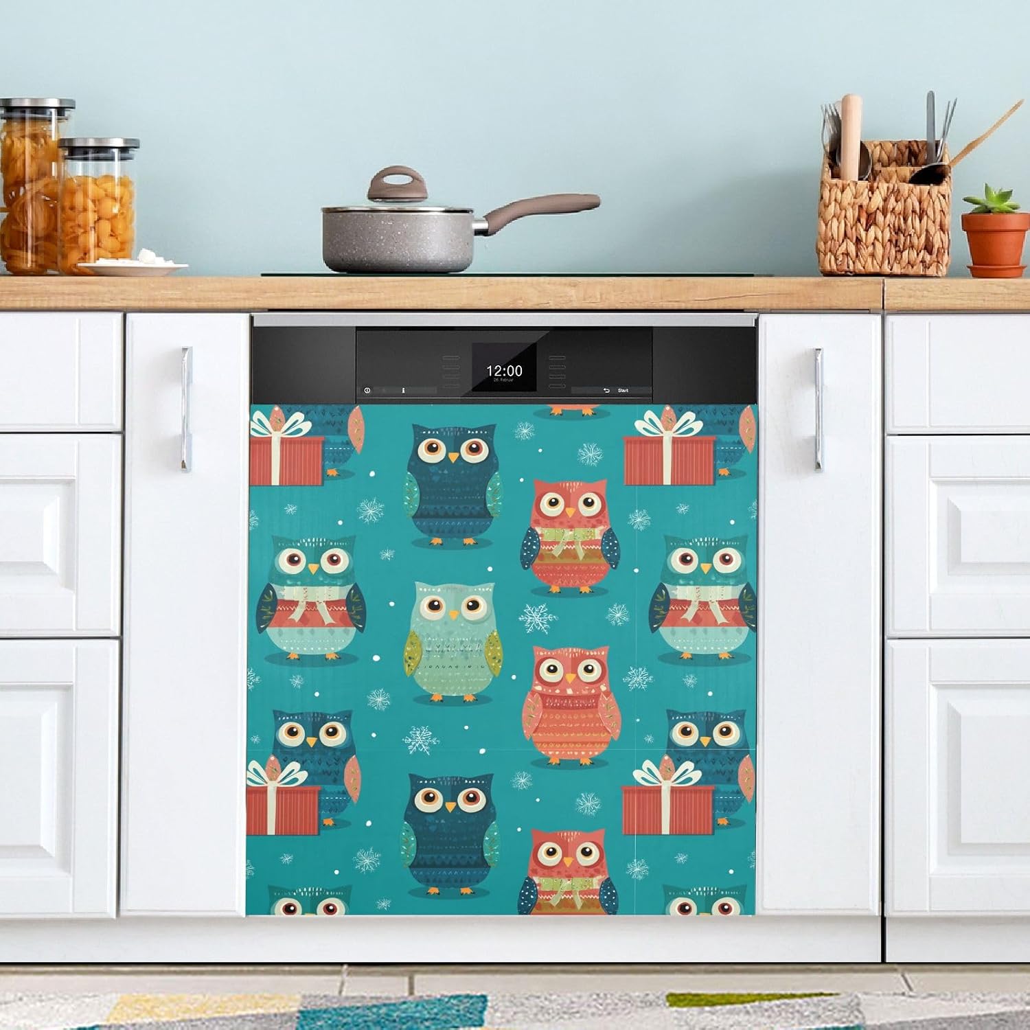 Pfrewn Christmas Winter Magnetic Dishwasher Cover Cute Christmas Owls Snowflakes (1) Fridge Door Covers Kitchen Decal Vinyl Panel Decorative Refrigerator Laundry Appliances 23x26in