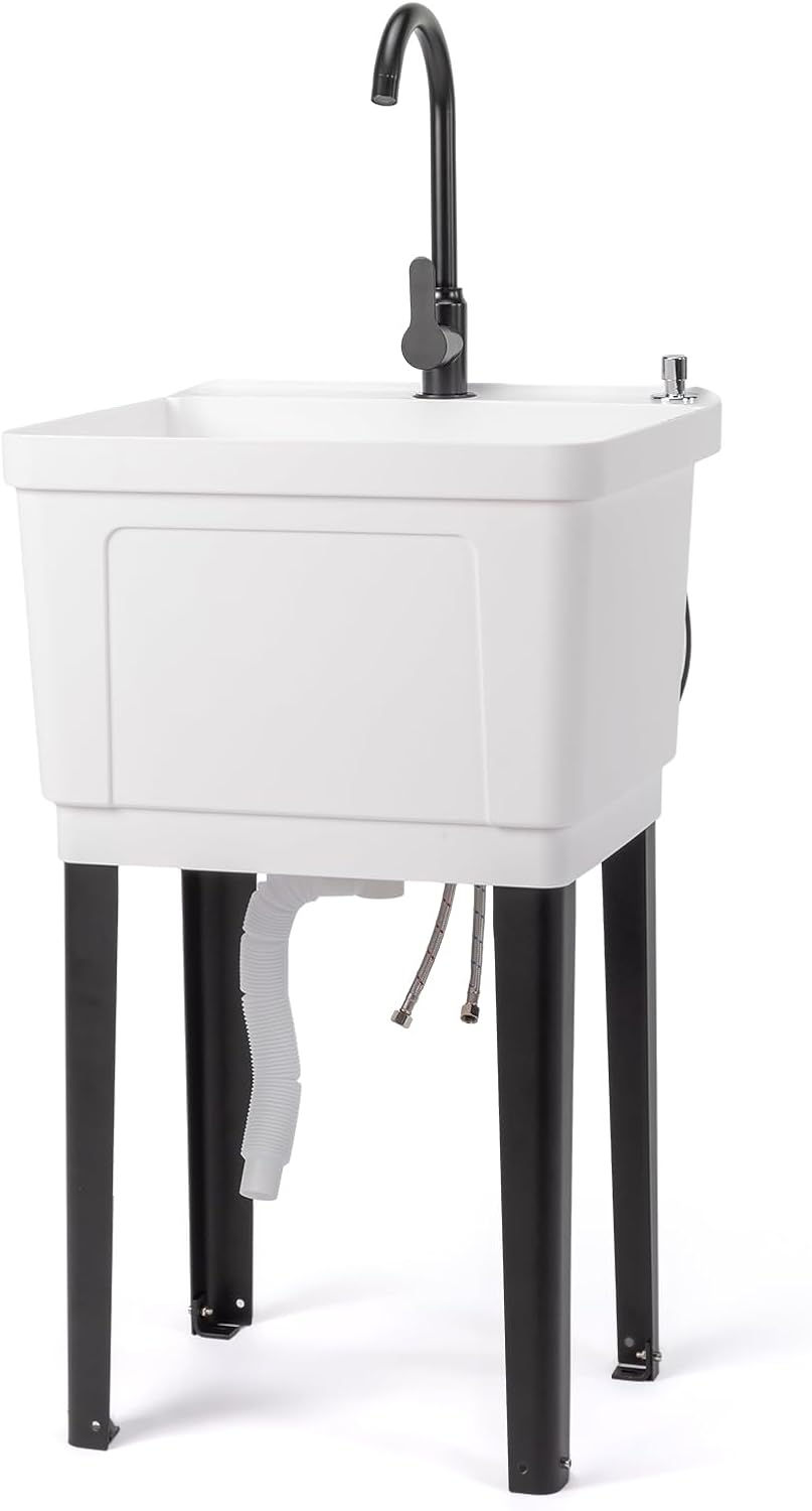 VINGLI 13-Gallon Utility Sink Laundry Tub for Washing Room, Freestanding Utility Sink with Stainless Steel Faucet, (White, 19.7