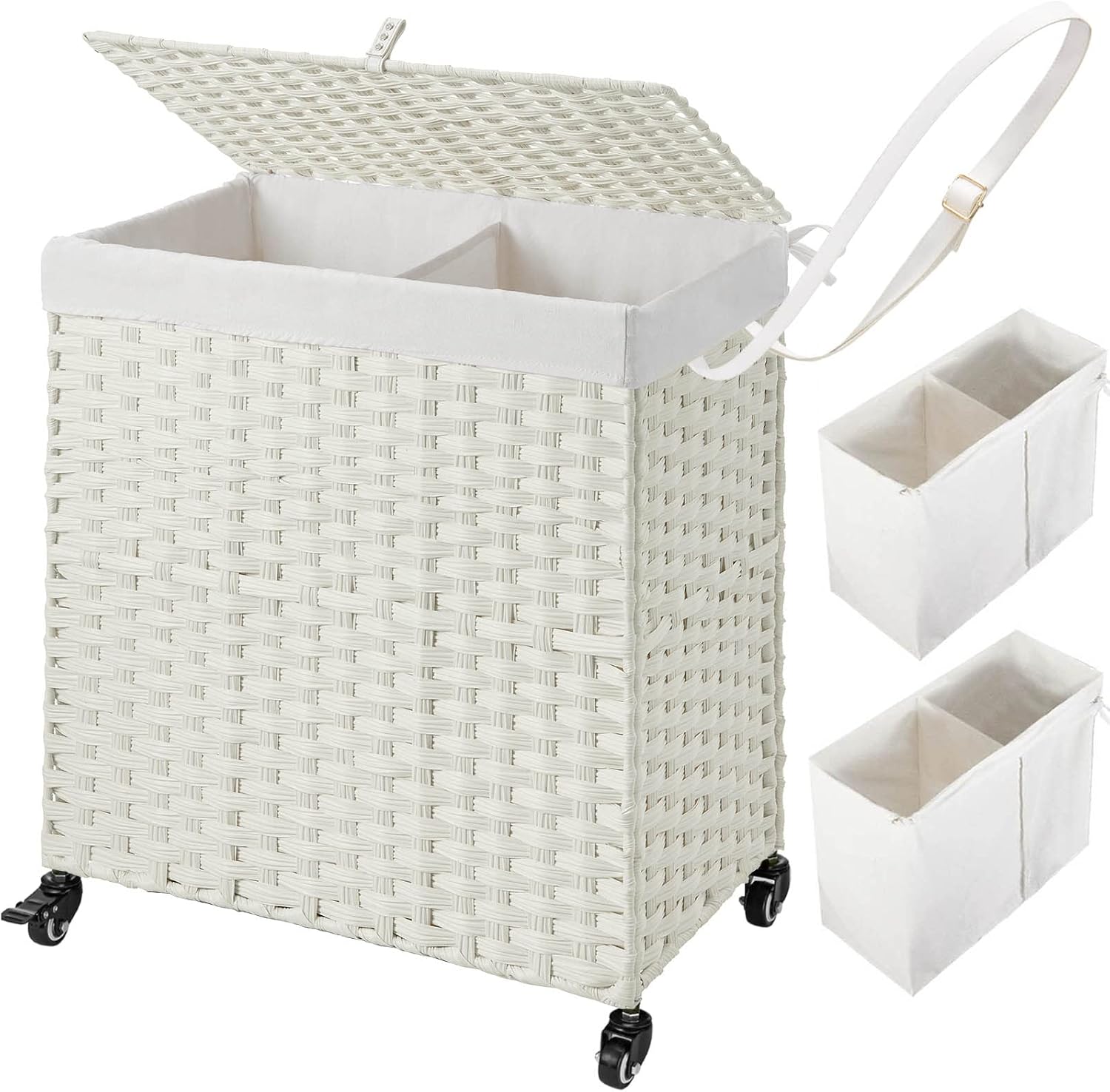 Greenstell Laundry Hamper with Wheels, No Install Needed, 110L Divided Handwoven Hampers & 2 Removable Liner Bags, Rattan Clothes Laundry Basket with Lid & Handles, Foldable Hampers White