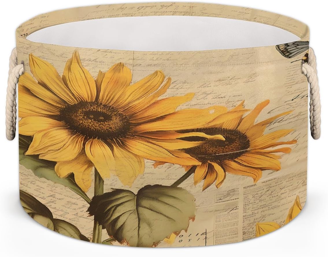 Vintage Style Bee Sunflower Round Storage Basket Laundry Hamper Collapsible Laundry Basket with Handles Large Canvas Storage Bin for Clothes Toys Nursery Bedroom Closet Organizer