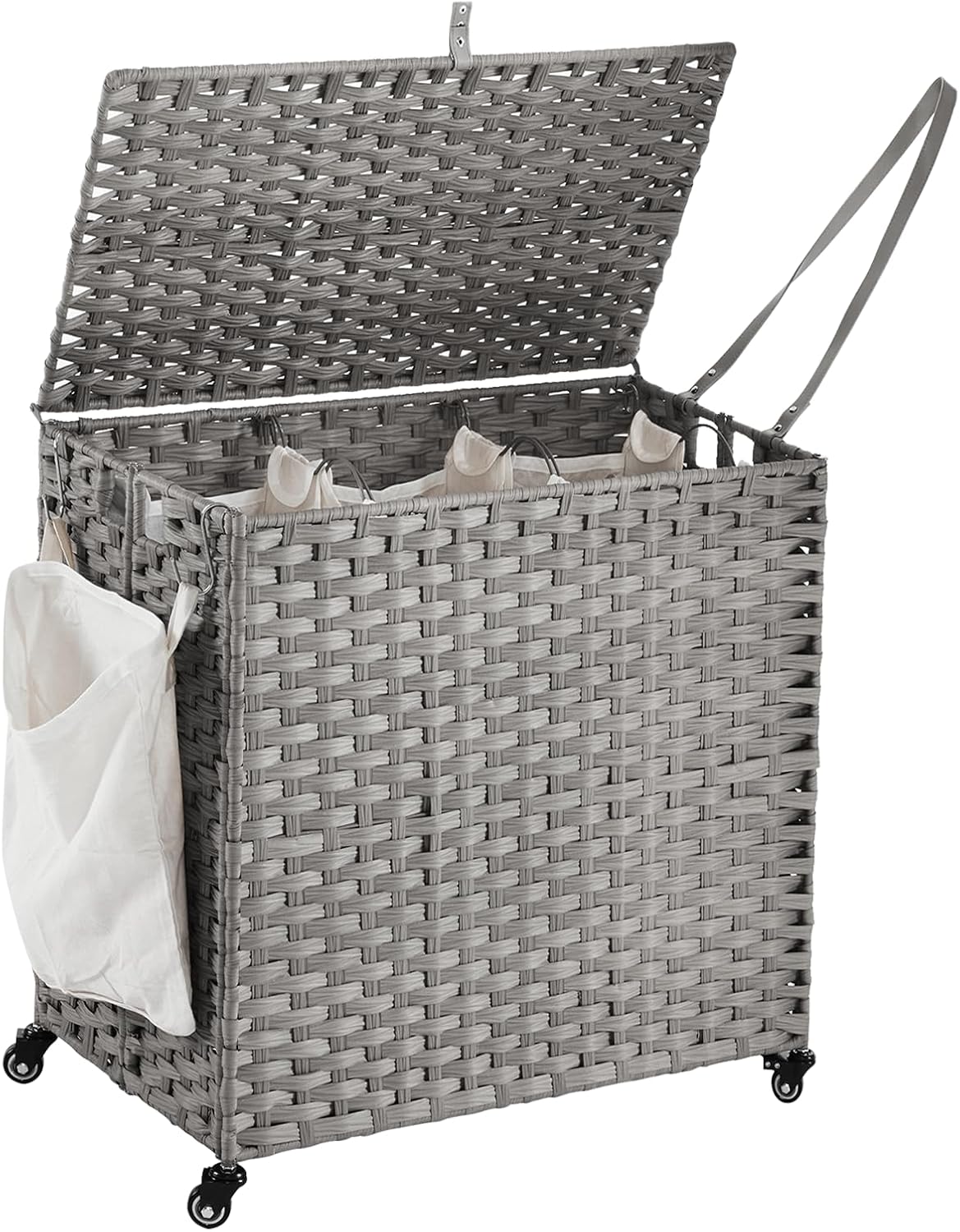 Laundry Hamper with Wheels, 39.6 Gallon(150L) Rolling Laundry Basket with Lid, 3-Section Rattan Clothes Hamper with 3 Removable Liner & 3 Mesh Bags, Laundry Sorter with Side Pocket, Grey