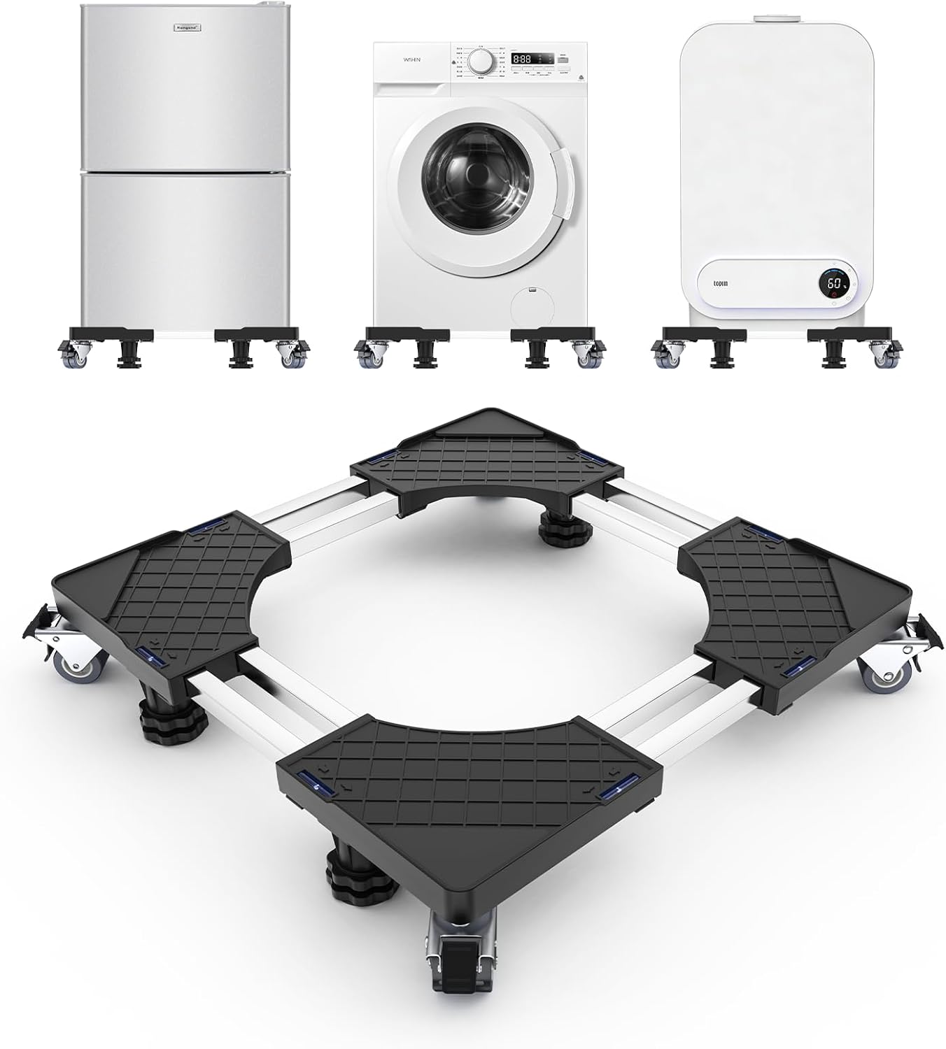 Mini Fridge Stand With 4 Locking Swivel Wheels & 4 Strong Feet Double Fixed Rods Heavy-Duty Washing Machine Stand Adjustable Appliance Dolly Mover Mobile Base Laundry Pedestal For Washer, Dryer, Black