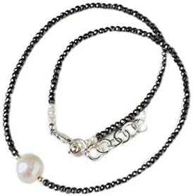 925 Sterling Silver Handmade Beaded 3-10mm Stracking Black & White Pearl & Hematite Necklace Round, Smooth 17