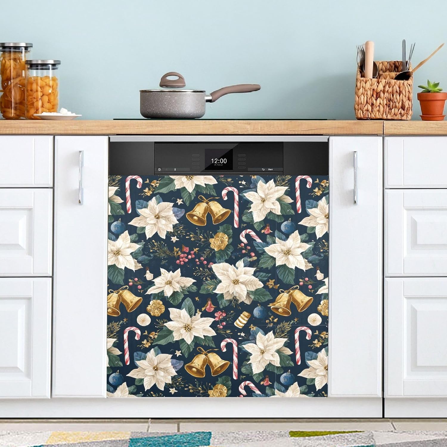 Pfrewn Christmas Winter Magnetic Dishwasher Cover Gold Jingle Bells White Poinsettia (1) Fridge Door Covers Kitchen Decal Vinyl Panel Decorative Refrigerator Laundry Appliances 23x26in