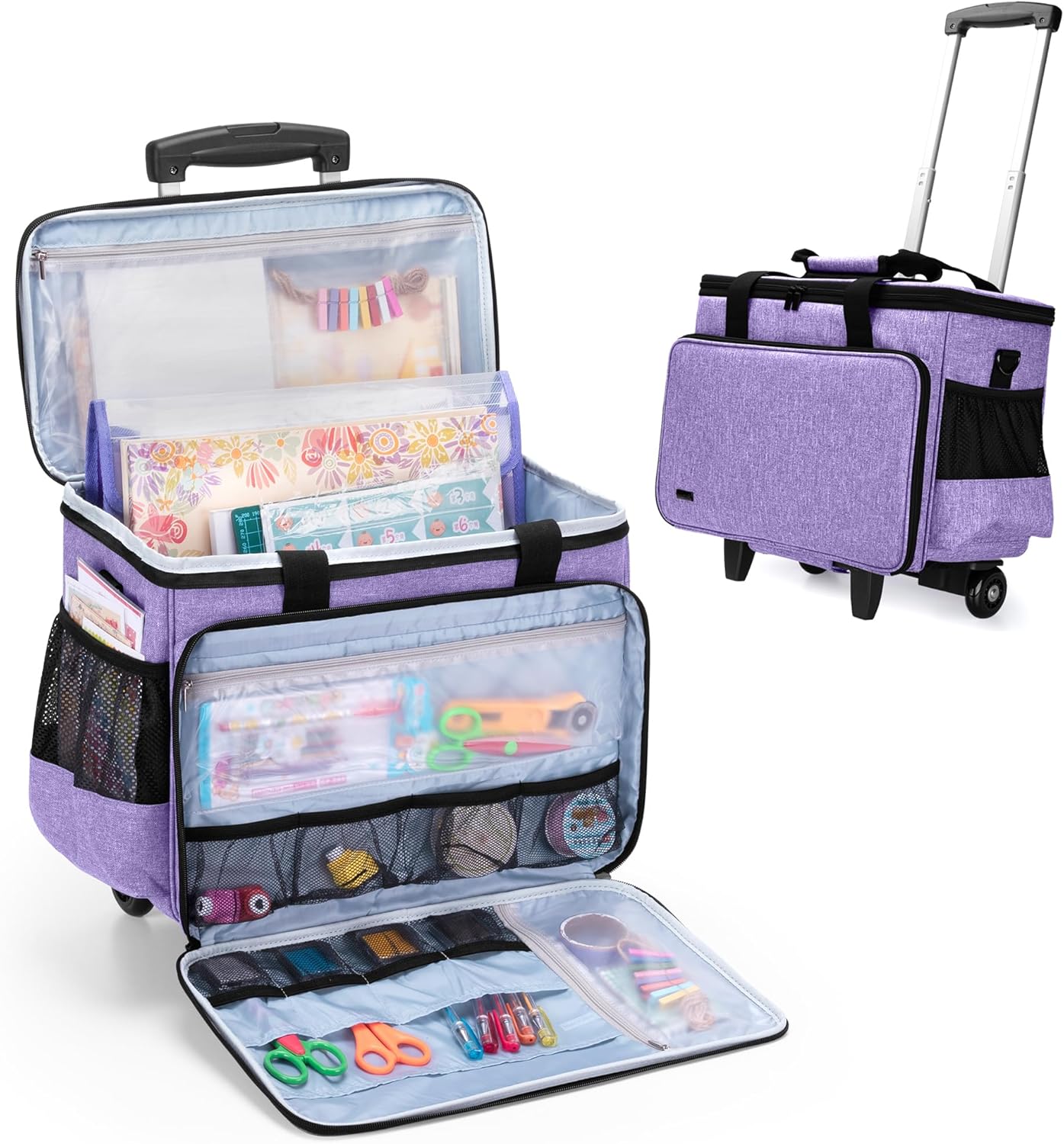 Yarwo Rolling Craft Bag on Wheels 2.0, Women Craft Scrapbook Tote Bag with Detachable Trolley and Extra Bottom Board for Teaching Crafts Supplies and Tools, Rolling Teacher Cart for Women, Purple