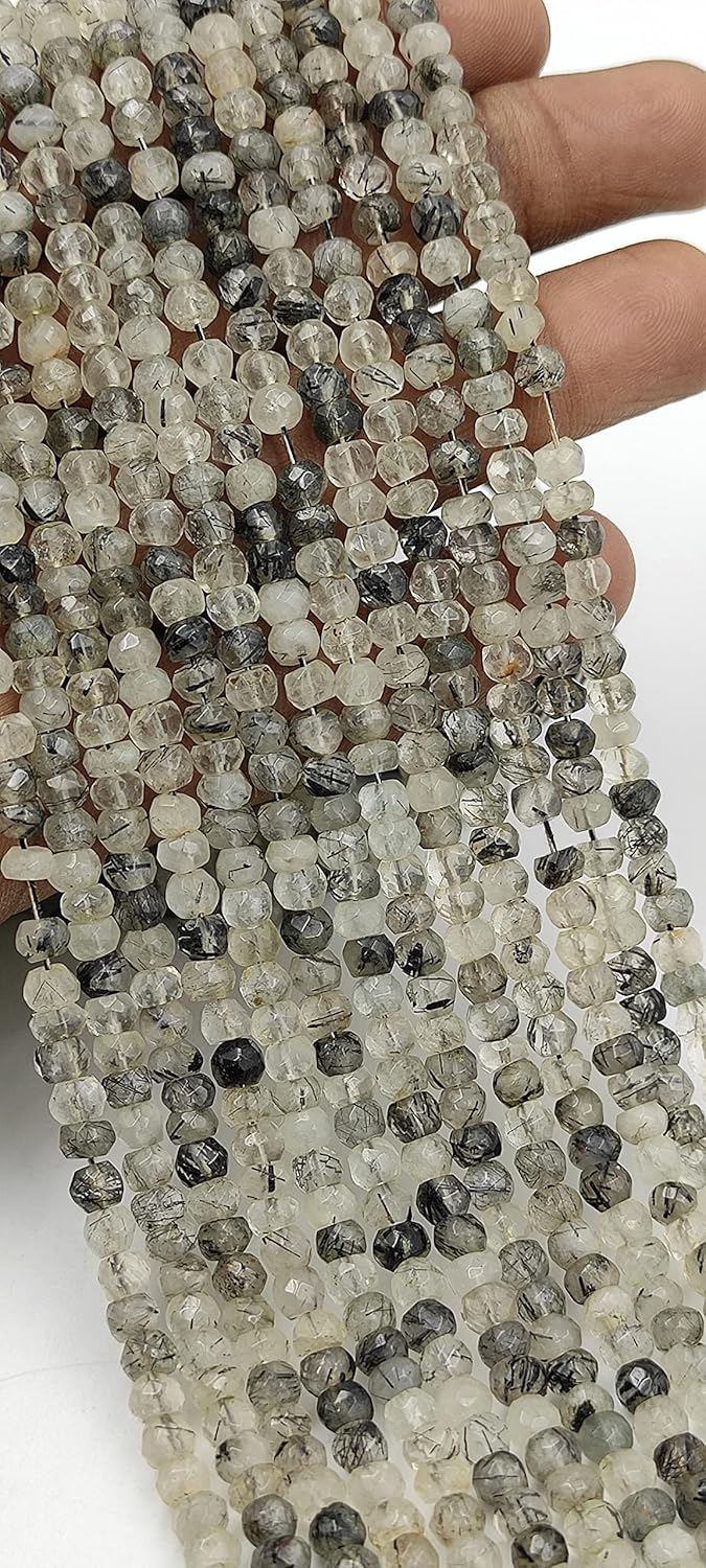 Hanumat Gems Lot of 5 Strands Beautiful Natural Black Rutile Faceted Rondelle Shape Gemstone Beads,Rutile Rondelle Beads,Rutile Faceted Beads,5.00-6.00 MM Beads,13 Inches Strand