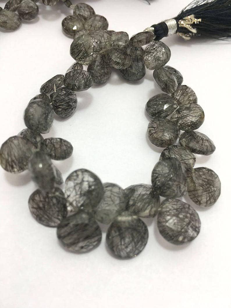 8 inch Strand of Natural Black Rutile 6-8mm Heart Faceted briolette Beads for DIY Jewelry Making. |BRIO_00921