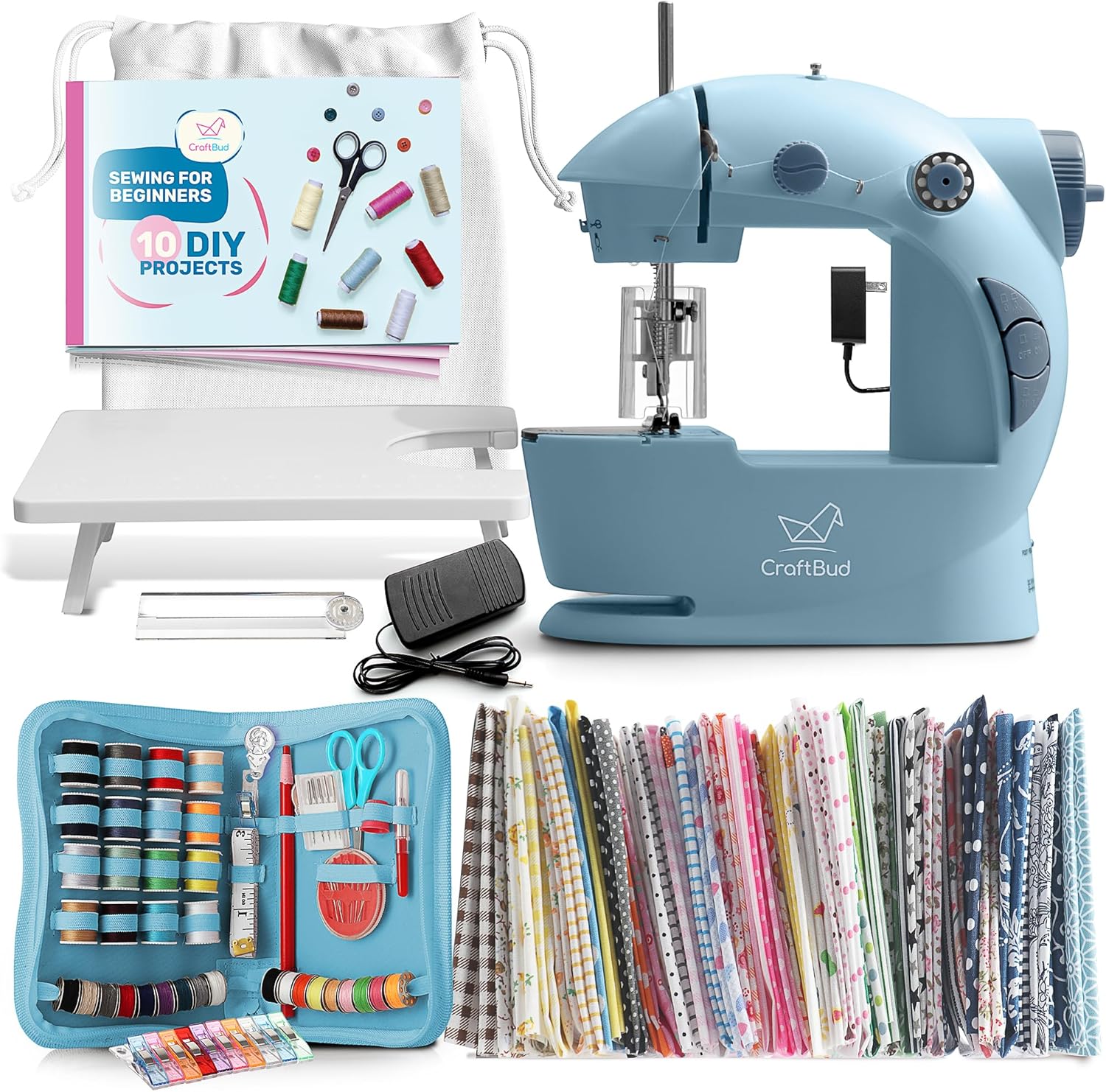 CraftBud Mini Sewing Machine for Beginners, Dual Speed Small Portable Sewing Machine for Kids and Adults with Extension Table, 122 Piece Gift Set Includes, Fabrics, Projects Book, Light and More, Blue