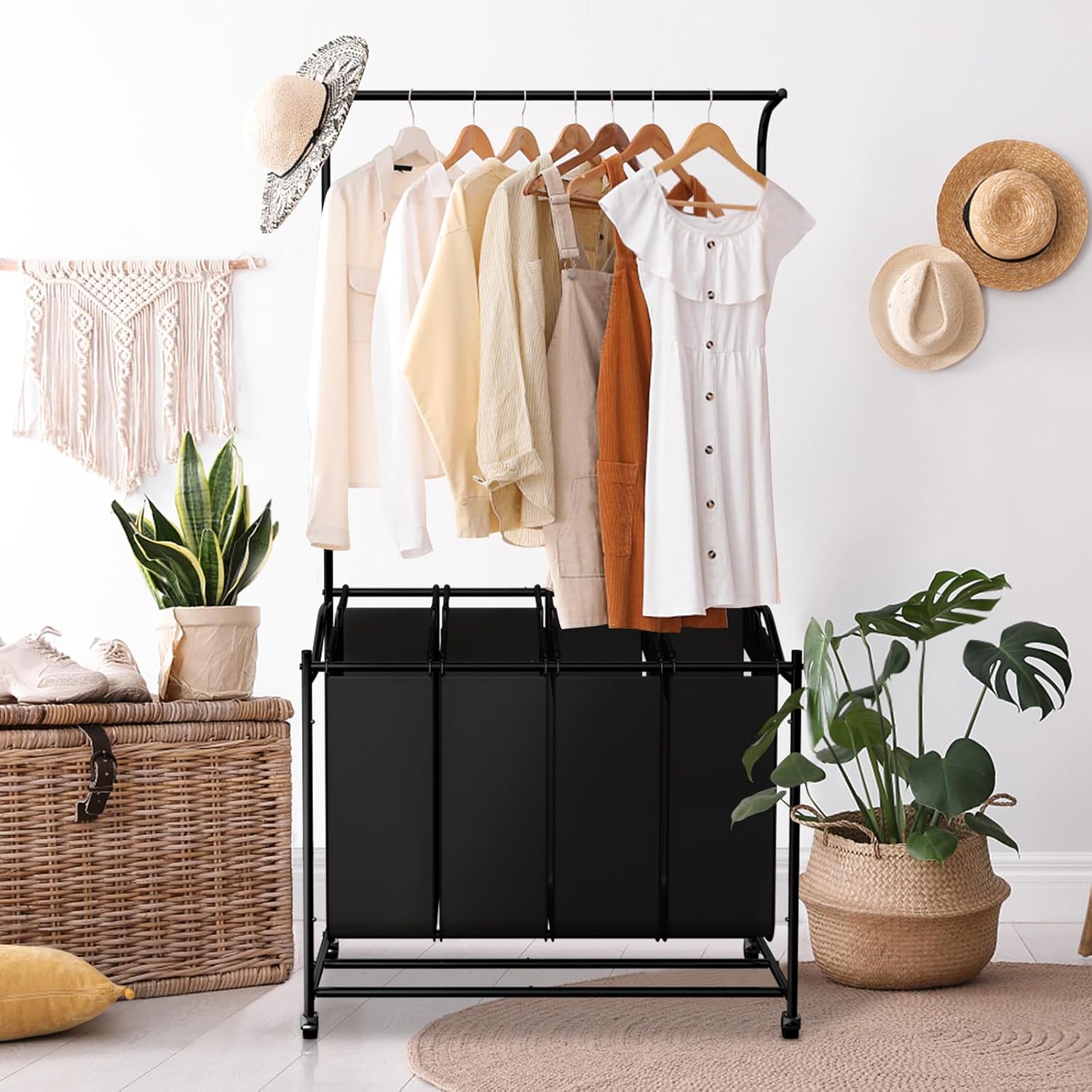 LUCKUP Laundry Sorter 4 Sections with Hanging Bar, 4 Bags Laundry Hamper Rolling Laundry Basket Cart with Lockable Wheels for Laundry Room Bathroom Bedroom, Black