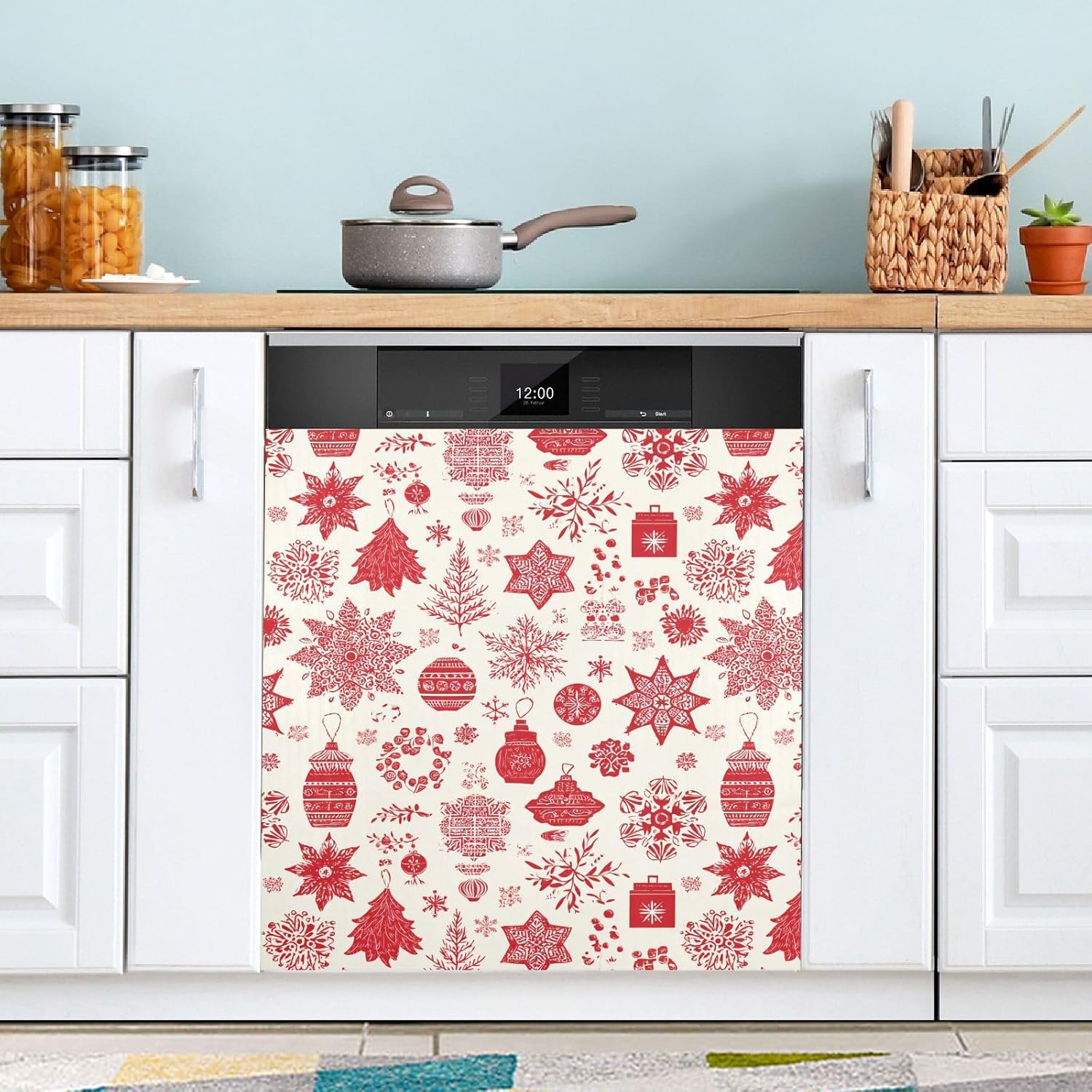 Pfrewn Christmas Winter Magnetic Dishwasher Cover Scandinavian Ornaments Snowflakes Balls (2) Fridge Door Covers Kitchen Decal Vinyl Panel Decorative Refrigerator Laundry Appliances 23x26in