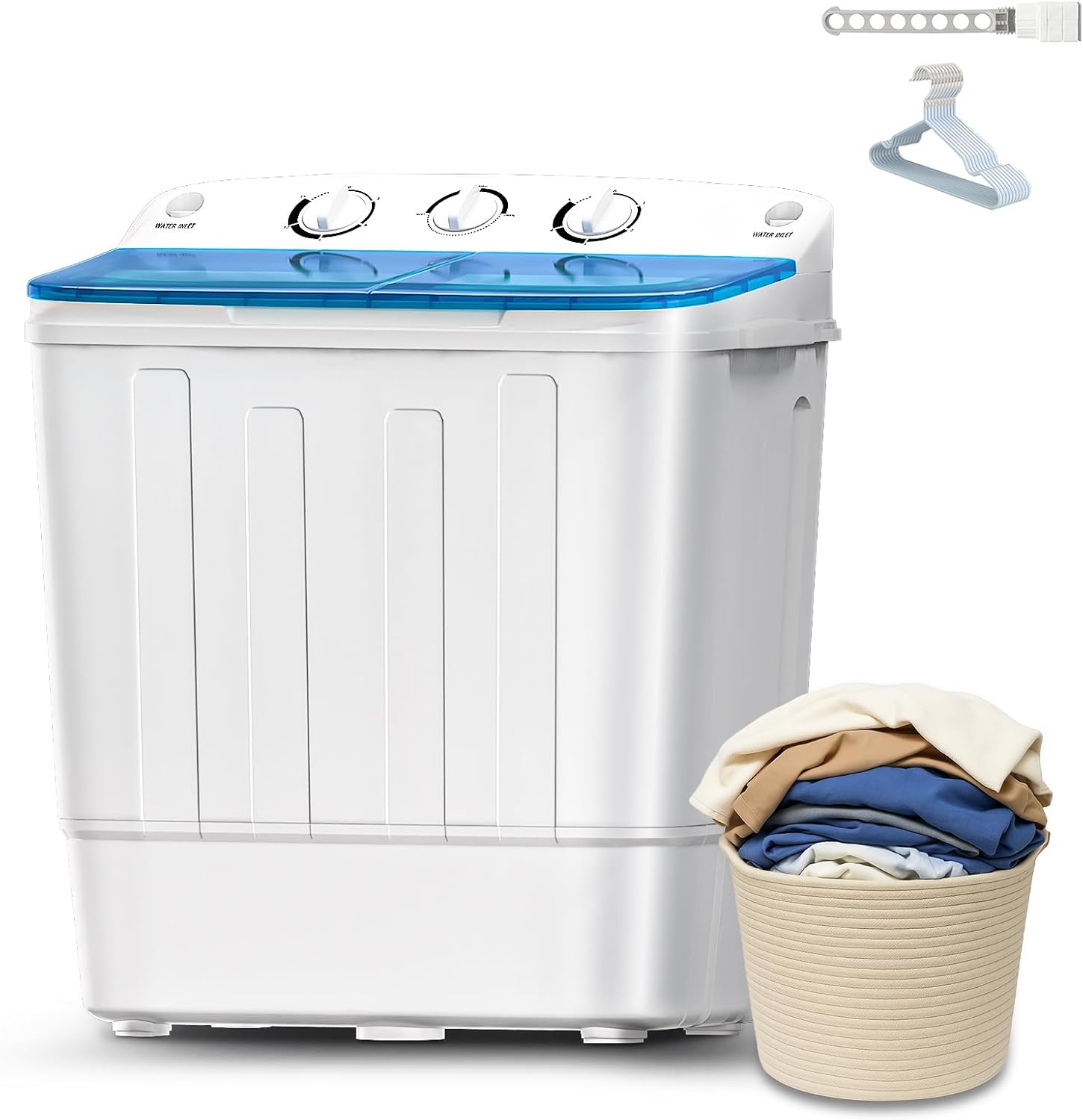 Portable Washing Machine, 18Lbs Compact Mini Twin Tub Laundry Washer with Drying Rack & 10 Hangers, Washer(11Lbs) and Dryer(7Lbs) Combo, Timer Control, Ideal for Apartment, Dorms, RVs, Blue