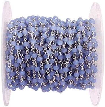 JEWELZ blue chalcedony gemstone faceted beads, 3-4 mm rondelle beads, silver plated chain, wire wrapped beaded chain. (hrcs-32)