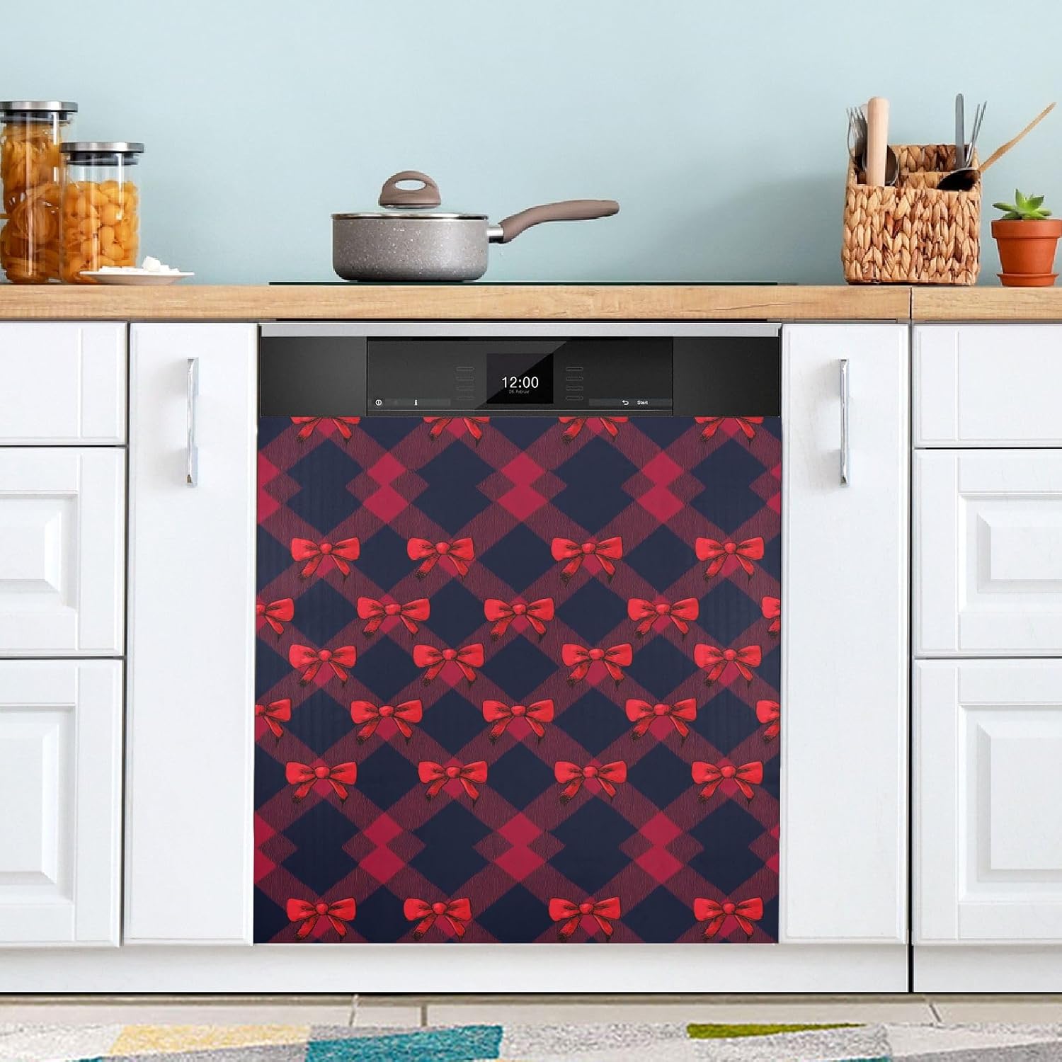 Pfrewn Christmas Winter Magnetic Dishwasher Cover Buffalo Check Bows Christmas Red (1) Fridge Door Covers Kitchen Decal Vinyl Panel Decorative Refrigerator Laundry Appliances 23x26in