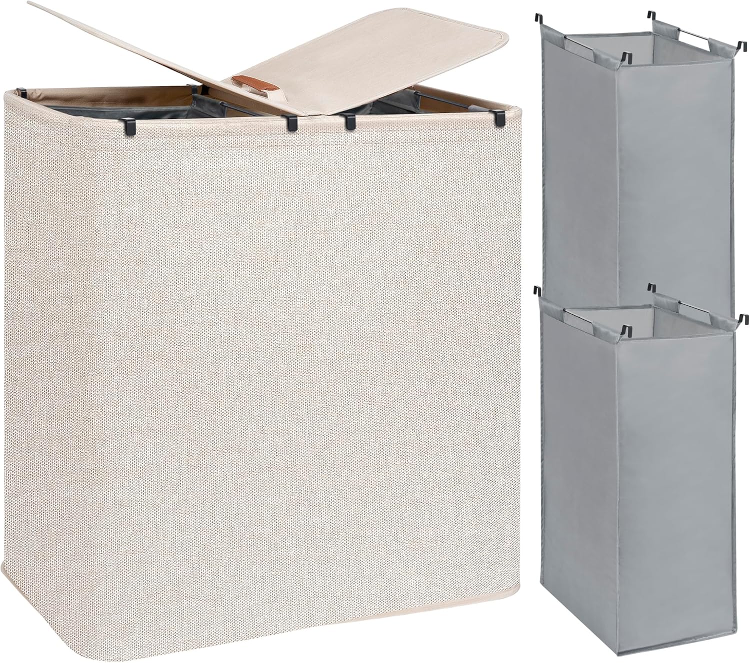 STORAGE MANIAC Double Laundry Hamper, 136L Laundry Sorter with Lid and Removable Bags, Clothes Hamper, Large 2 Section Clothes Basket with Handles for Small Space, Dorm, Closet, Bathroom, Beige