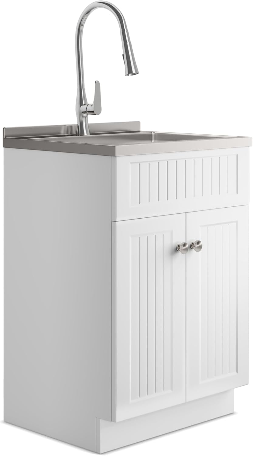 SIMPLIHOME Beckham All-in-One 24 inch Wide Utility Sink and Laundry Cabinet in Pure White Finish, Transitional Stainless Steel Sink Cabinet for Laundry Rooms with High-Arch Brushed Nickel Faucet