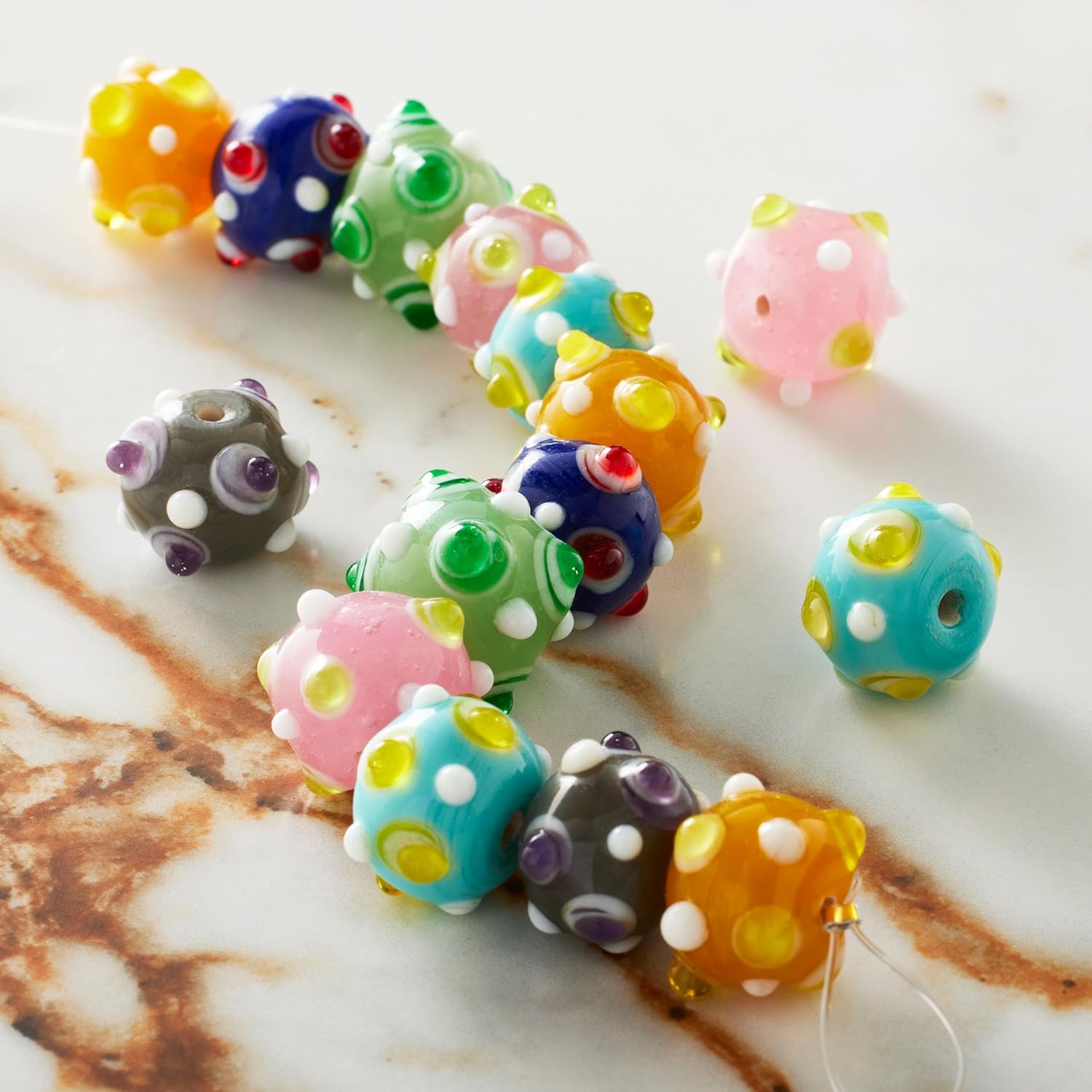 Bead Landing Multicolor Lampwork Glass Bumpy Round Beads (10mm–13mm) – 180 Beads for Jewelry Making, Bracelets, Necklaces & DIY Crafts, 12 Pack