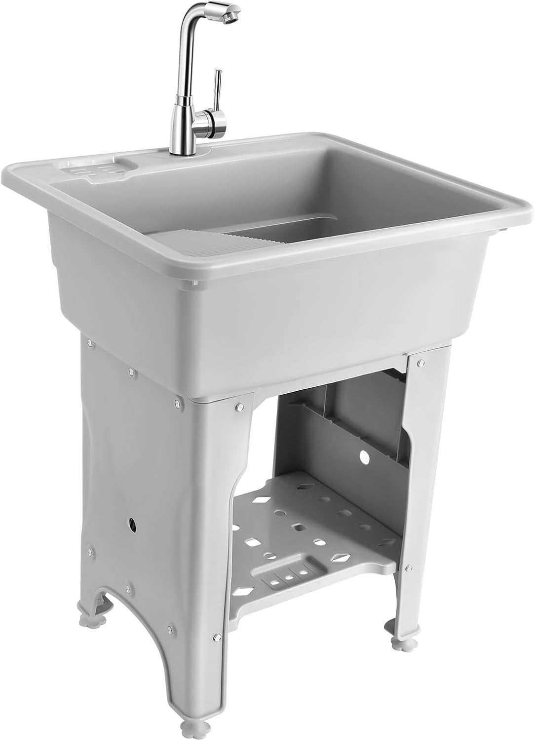 PERFERATE Utility Sink Laundry Tub Freestanding Plastic Laundry Sink with Washboard & Faucet Plastic Slop Sinks Wash Tub for Outdoor Shop SinkS for Garage, Hand Washing Clothes (Gray)