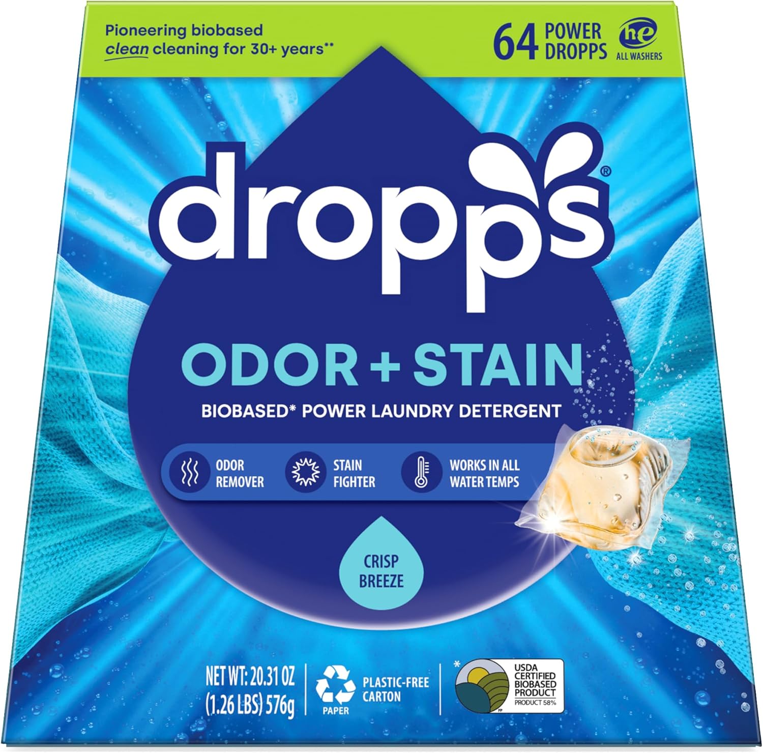 Dropps Odor & Stain Biobased Power Laundry Detergent Pods, Crisp Breeze HE Compatible Laundry Pods for Fresh Clothes - Laundry Soap Supplies & Recyclable Paperboard Packaging