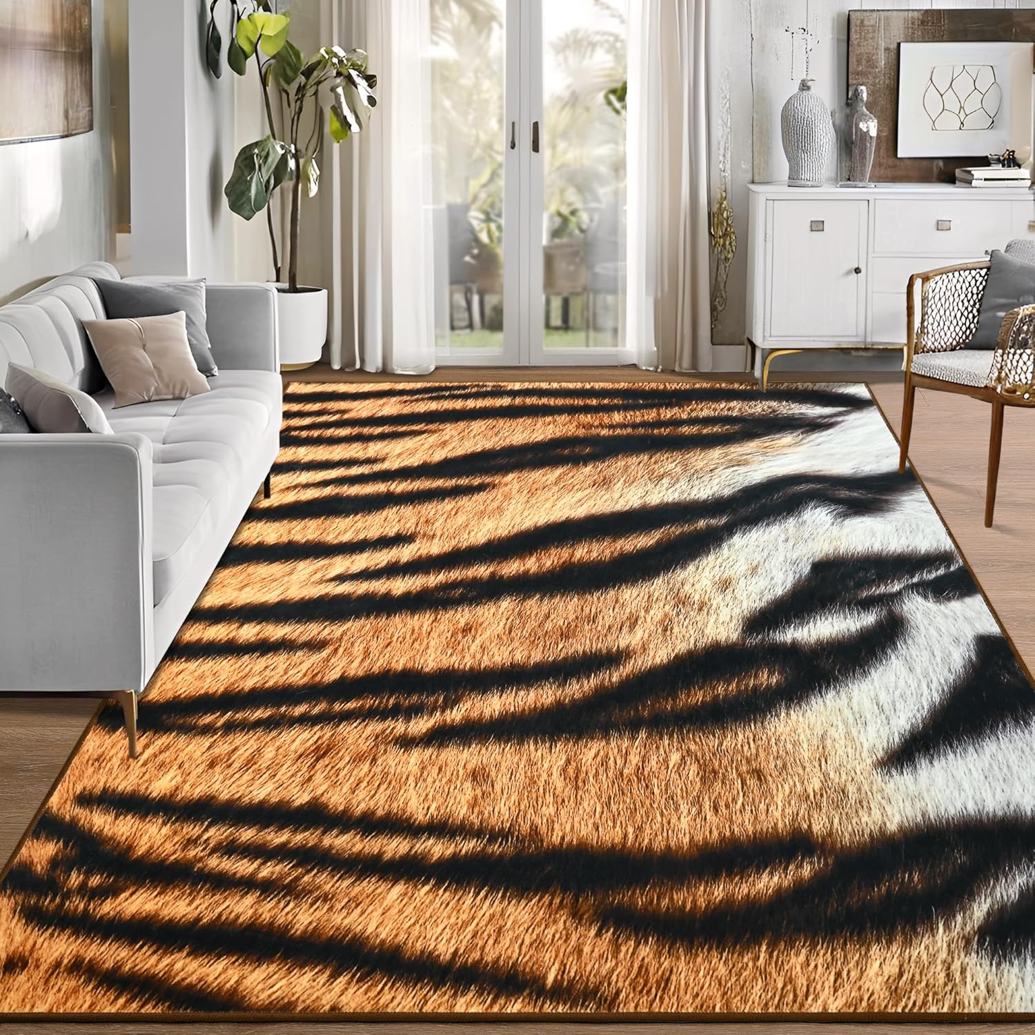 Foxmas Area Rugs for Living Room, 5x7 Machine Washable Tiger Animal Print Rug, Non-Slip Low Pile Indoor Floor Rug, Carpet for Bedroom Dining Room Laundry Room Kitchen Home Office