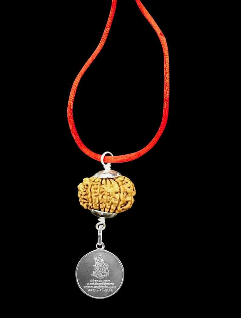 Lord Shiva Kavach / Mahamritunjaya Pendant 14 Mukhi Rudraksha from Nepal 26mm-27mm IGL Lab Certified with Pure Silver Yantra