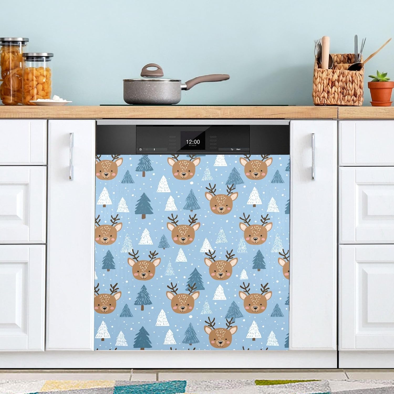 Pfrewn Christmas Winter Magnetic Dishwasher Cover Cute Deer Winter Animal Tree (2) Fridge Door Covers Kitchen Decal Vinyl Panel Decorative Refrigerator Laundry Appliances 23x26in