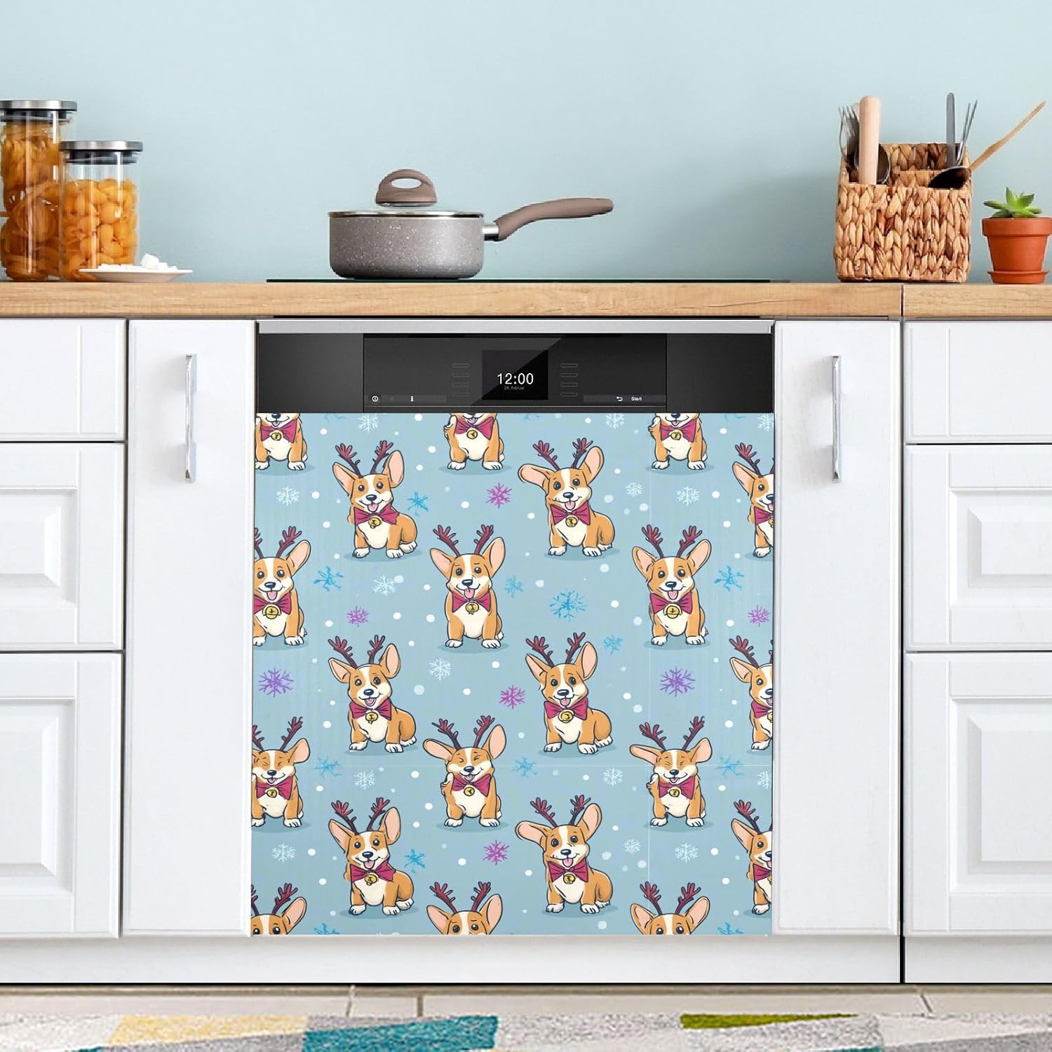 Pfrewn Christmas Winter Magnetic Dishwasher Cover Christmas Cartoon Cute Corgi Dogs (2) Fridge Door Covers Kitchen Decal Vinyl Panel Decorative Refrigerator Laundry Appliances 23x26in
