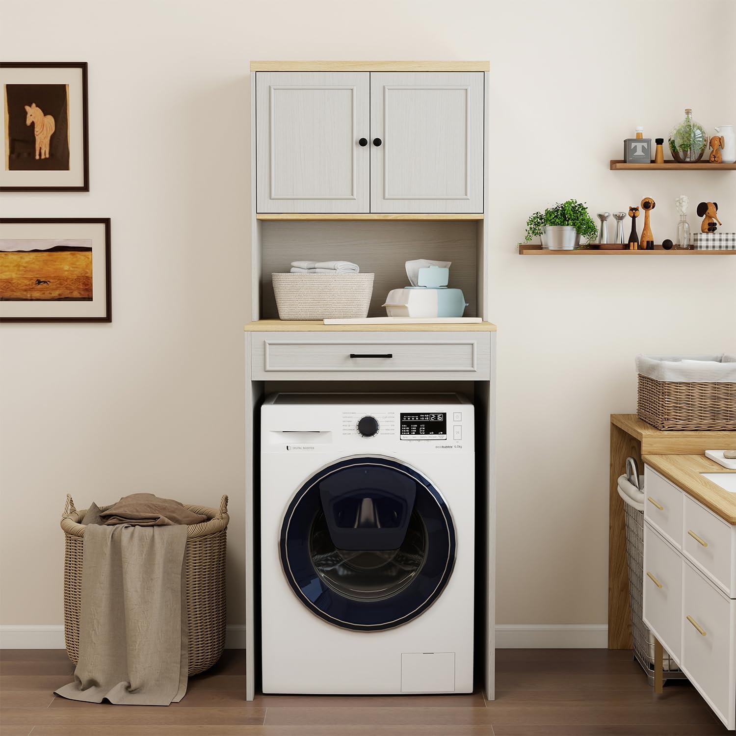 Washer Dryer Countertop with Shelf, Over The Washer or Dryer Storage Shelves Cabinet, Laundry Room Storage and Organization, Compact Washing Machines with a Width of Less Than 27 inches