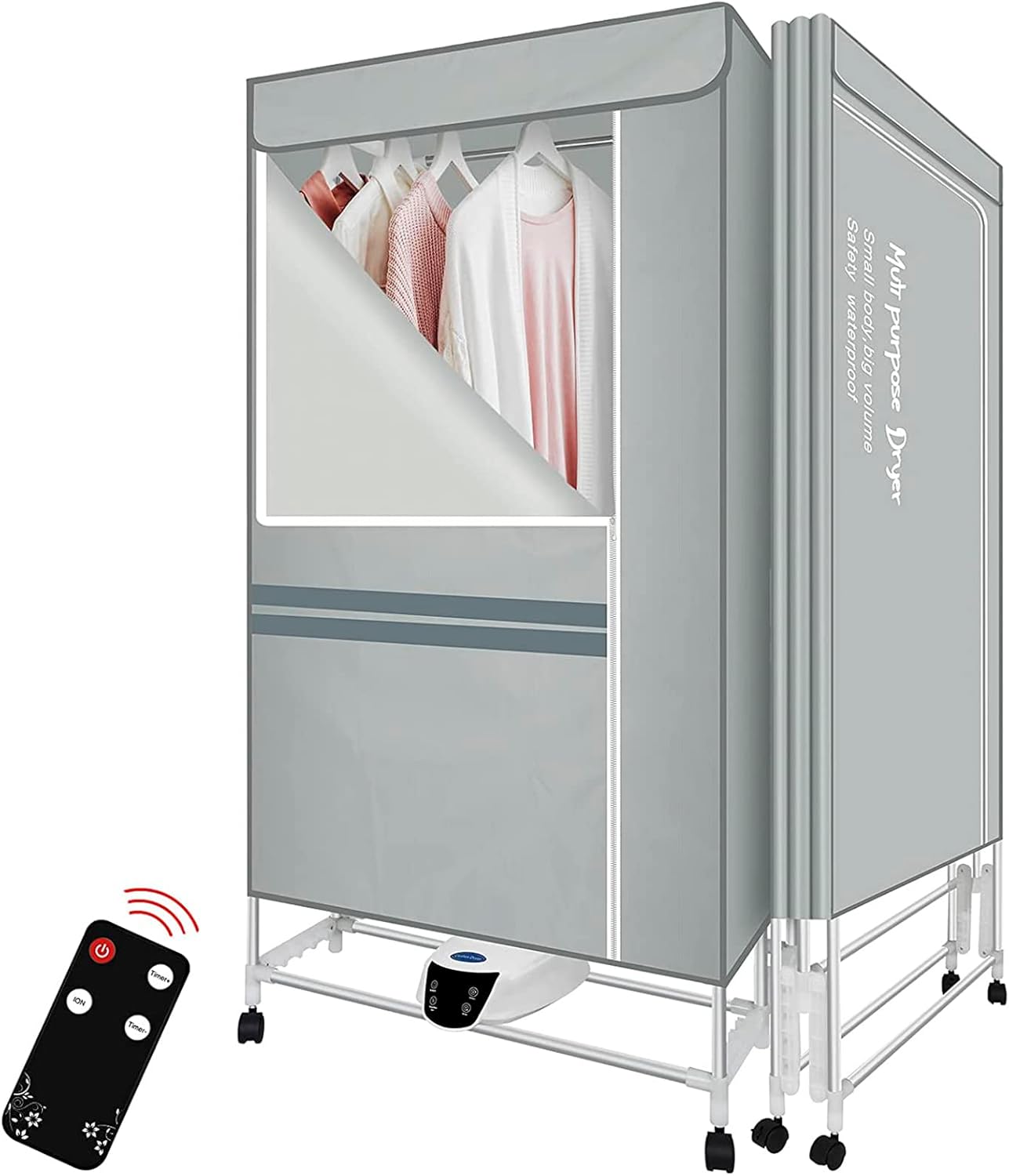 Electric Clothes Dryer with Remote Control and Timer, 1300W Large Capacity 2-Tier Heated Clothes Airer with Cover, Indoor Foldable Electric Clothes Airer Drying Rack, Overheat Protection,Grey