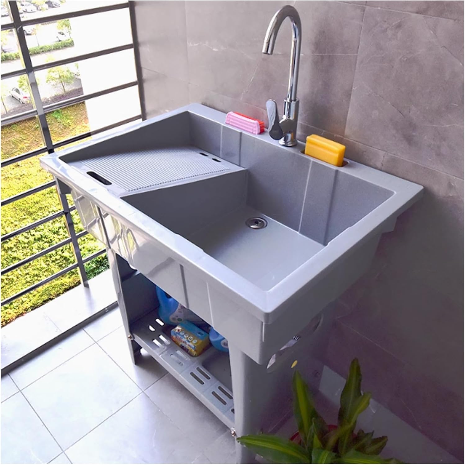 Utility Portable Laundry Sink,Outdoor with Washboard Hose Hook Up Freestanding Utility Laundry Tub for Washing Room, Plastic Sink for Garage, Pet Wash Garden