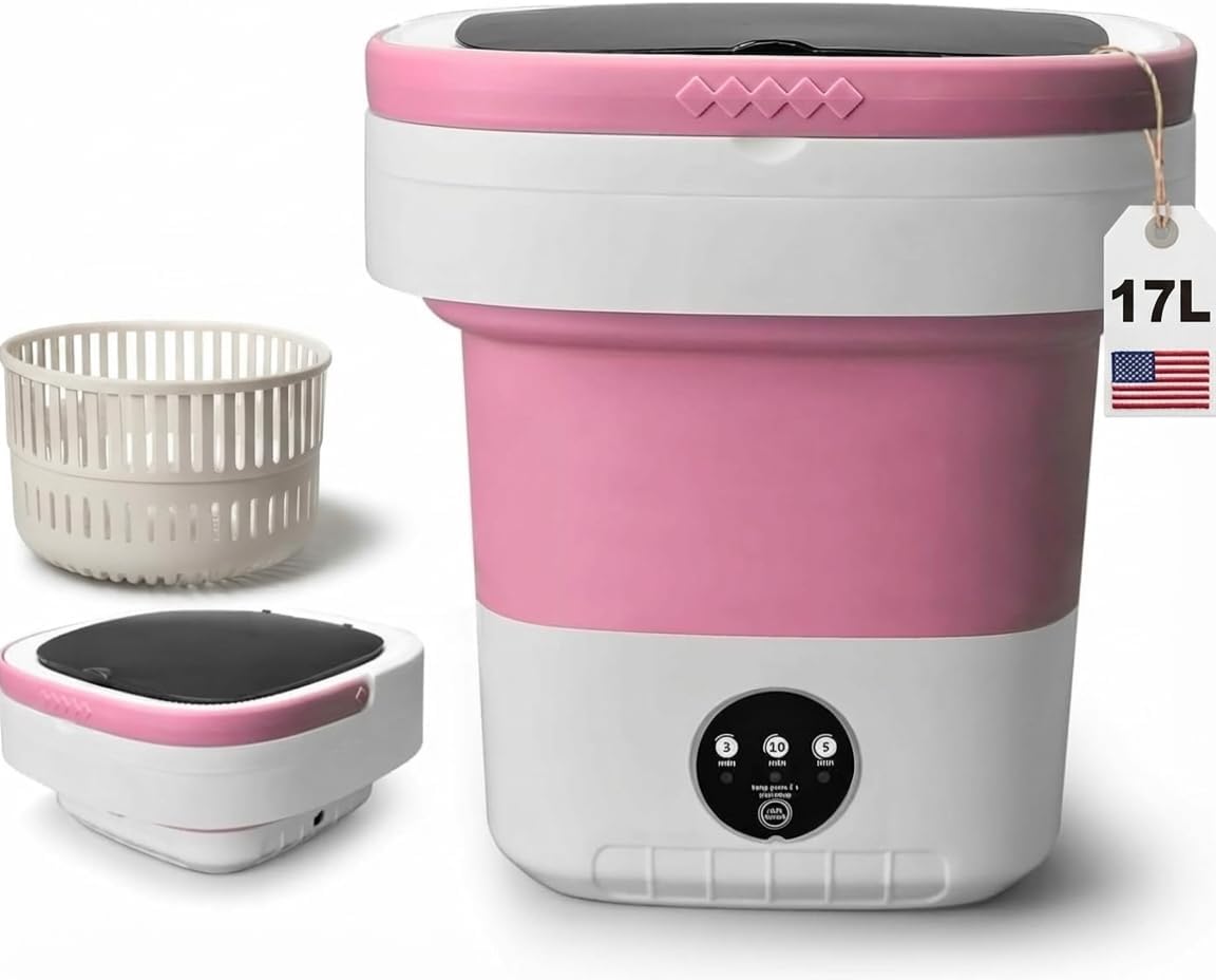 Portable Washing Machine, 17L / 4 Gal, Foldable Washing Machine, Mini Portable Washer, Easy To Use, Quiet and User Friendly, Great for Dorms Small Apartments Travelling, Pink