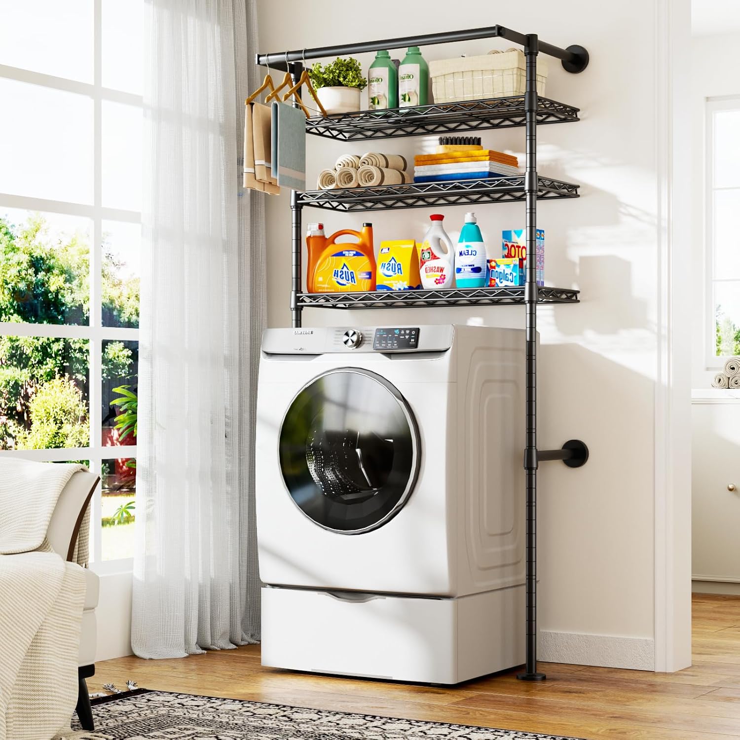 U17 Wall-Mounted Over Washer and Dryer Storage Shelves, Without Moving Washer or Dryer Laundry Room Storage Rack with Hanger Rod, 35