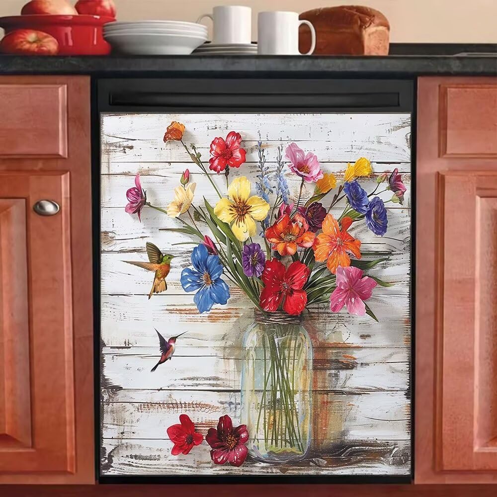 Generic Flower and Bird Dishwasher Magnets Decorative Cover,Retro Wood Refrigerator Door Magnetic Decal Panel,Kitchen Decor Appliance Magnet Sticker,23