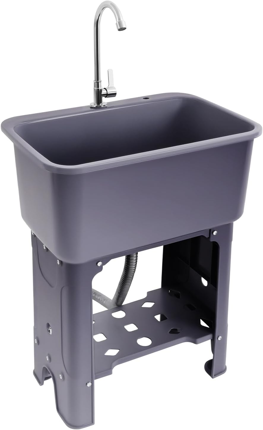 PERFERATE Utility Sink Laundry Tub 12.68Gal Plastic Freestanding Laundry Tub with Heavy Duty Stainless Steel 360° Swing Faucet and Washboard for Garage, Home, 23.6×15.8×30.1in (Gray)